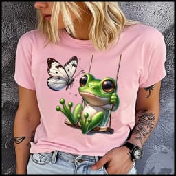 men Women's Cotton 100% frog on the swing Print T-shirt Loose round Neck Casual Short Sleeve Fashion Top Clothing Summer