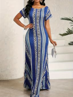 Large-size elegant off-shoulder Ins-print long dress for summer women's wear