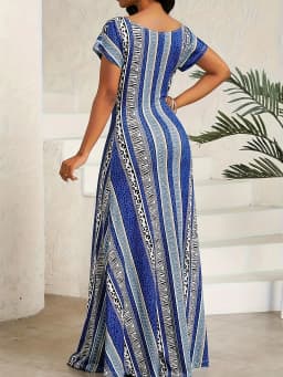 Large-size elegant off-shoulder Ins-print long dress for summer women's wear