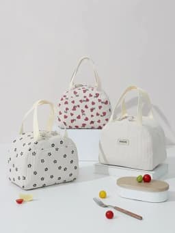 Portable Corduroy Lunch Bags Thermal Insulation Lunch Box Cute Print Women Lunch Storage Bag Picnic Bento Large Capacity Handbag