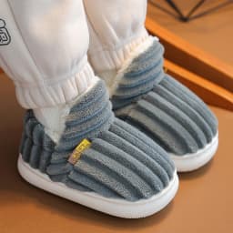 Winter Concise Stripe Children's Fluffy Slippers For Kids Boys Girls Non-slip Soft Sole Heel Wrap Warm High Home Cotton Shoes