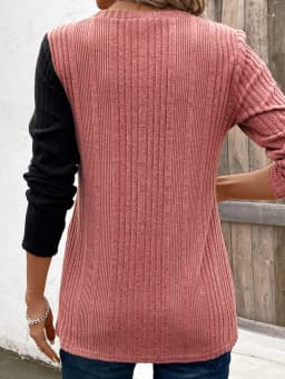 Ribbed Colorblock Button Decor T-Shirt,Casual Long Sleeve Top For Spring & Fall,Women's Clothing