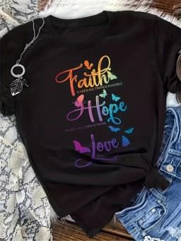 Plus Size Casual T-shirt Women's Plus Butterfly & Slogan Print Short Sleeve Round Neck Slight Stretch T-shirt