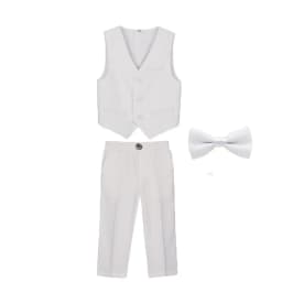 British Kids Summer White 3Pieces/Set Vest Pants Bowtie Photograph Suit Children Stage Performance Suit Boys Wedding Costume