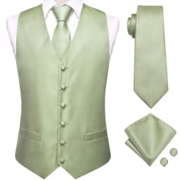 Sage Green Solid Floral Mens Suit Vests 4PC Woven Blue Waistcoat Tie Pocket Square Cufflinks Business Wedding Dress Waist Jacket