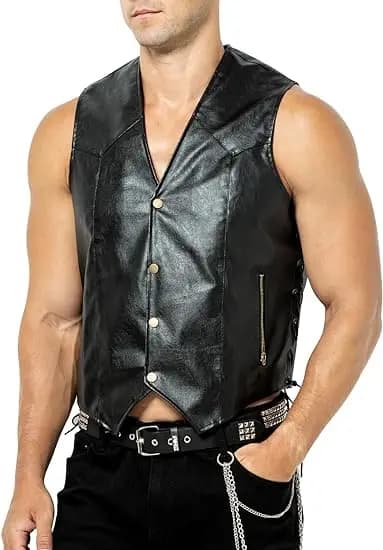 Arjen Kroos Men's Faux Leather Vest with Hidden Pockets Adjustable Laces Motorcycle Rider Vest