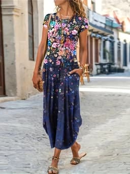 Women's Summer New Casual Fashion Printed Pocket Dress Women's Mid length Dress