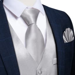 Elegant Grey Solid Suit Vest with Pocket Satin Waistcoat Necktie Bow Tie Handkerchief Cufflinks for Tuxedo Wedding Prom