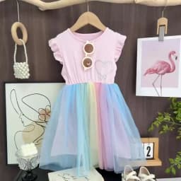 Bear Leader Flying Sleeve Girls Colorful Dress Summer Kids Rainbow Mesh Party Dresses Children Clothing Vestidos Outfits