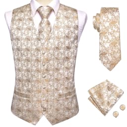 Champagne Mens Vest Tie Set Fashion Paisley Jacquard Western Waistcoat Necktie Hanky Cufflinks Wedding Business Gift Hi-Tie