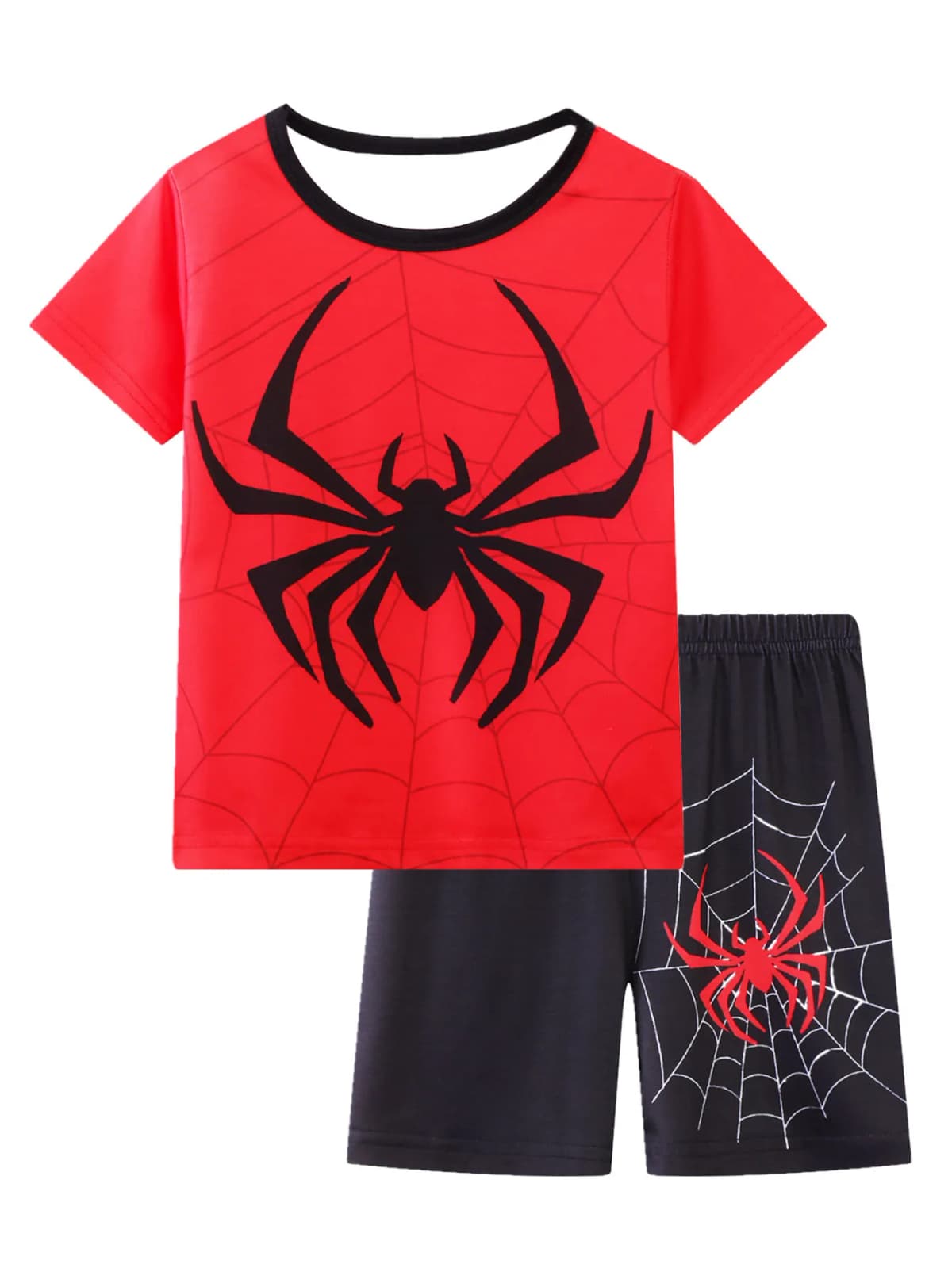 2pcs Boys' Spider Print Cartoon Pattern Short Sleeve Top + Shorts Pajamas Set Children's Loungewear For All Seasons