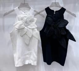 Black White 3D Diamonds Flower Stitch Sleeveless Knitted Top Slim Fit Halter Vest 2025 Sring Summer Knitwear Sexy Crop Tank Top