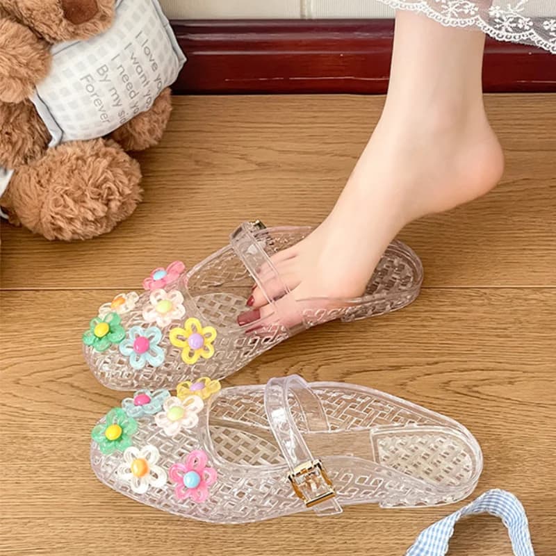 Summer Fashionable Jelly Slippers Women's Koreano Colorful Flower Crystal Mules Shoe Woman Trend Buckle Transparent Flat Sandals
