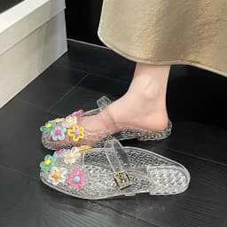 Summer Fashionable Jelly Slippers Women's Koreano Colorful Flower Crystal Mules Shoe Woman Trend Buckle Transparent Flat Sandals