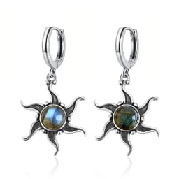 Natural Kyanite Earrings for Women S925 Silver Sun Flower Shaped Retro Silver Labradorite Hoop Earrings