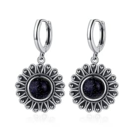 Natural Kyanite Earrings for Women S925 Silver Sun Flower Shaped Retro Silver Labradorite Hoop Earrings