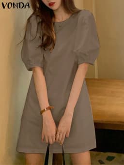 VONDA Summer Party Mini Dress 2024 Women Elegant Short Puff Sleeve Casual Solid Sundress O Neck Loose Pleated Holiday Vestidos