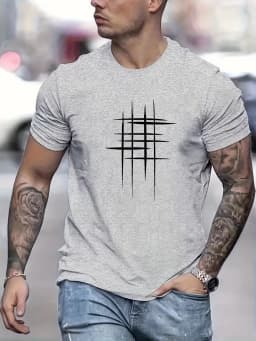 Summer Men's 100% Cotton Casual Loose Size Graphic Line Print Round Neck Short Sleeve T-shirt Top