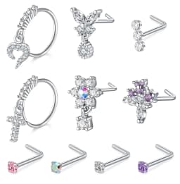 10Pcs Nose Rings Studs for Women Surgical Steel 18/20G Nose Hoop Corkscrew L Shaped Nose Stud Nose Ring Nose Piercing Jewelry