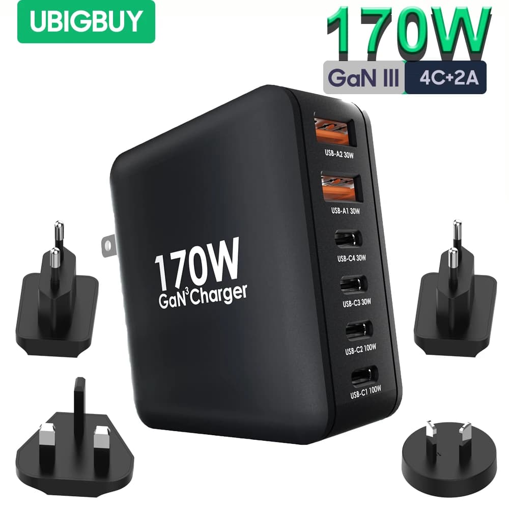 Ubigbuy 170W Fast Charger GaN 6-Port USB C PD 100W Wall Charger for MacBook Pro/Air ThinkPad iPad Pro Samsung S23 iPhone 15/14