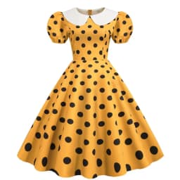 Elegant Women Summer Dress Puff Short Sleeve Polka Dot Peter Pan Collar Vintage A-line Midi Long Party Sundress