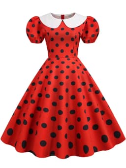 Elegant Women Summer Dress Puff Short Sleeve Polka Dot Peter Pan Collar Vintage A-line Midi Long Party Sundress