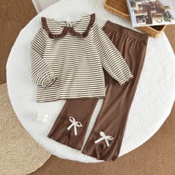 Girls' Long Sleeve Set Autumn and Winter New Girls' Large Lapel Pleated Stripe Top+Bell-bottoms Two Piece Girls' Set