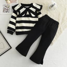 Girls' Long Sleeve Set Autumn and Winter New Girls' Large Lapel Pleated Stripe Top+Bell-bottoms Two Piece Girls' Set