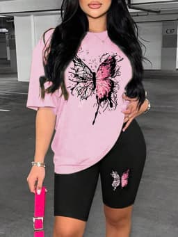 Beautiful Butterfly Pattern Print For Women Short Sleeved Shorts Set Soft Essential Two Piece Set Sports Comfortable Shorts Sets