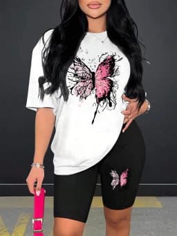 Beautiful Butterfly Pattern Print For Women Short Sleeved Shorts Set Soft Essential Two Piece Set Sports Comfortable Shorts Sets