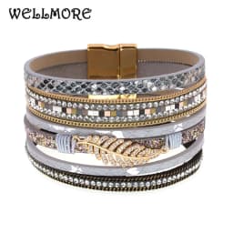 WELLMORE Leather Bracelet for Women Fashion 2024 Boho Wide Wrap Bracelet Feather Jewely Wholesale
