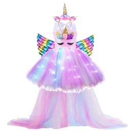 Kids Long Tail Unicorn Dress with LED Lights Girls Birthday Party Dress Princess Carnival Costume Hairband Pastel Rainbow Gown