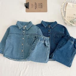 Solid Denim Suit Baby Spring Autumn Long-Sleeved Denim Shirt Jacket Trousers Two-Piece Baby Boys Girls Simple Casual 2PCS