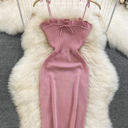 2024 Ribbed Lace Up Dress Elegant Solid Slim Ruffle Trim Dress Women's Clothing Bodycon Short Mini Dress