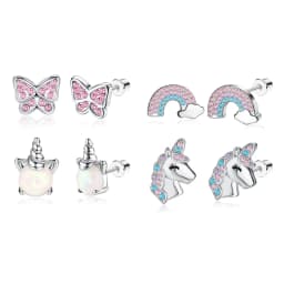 Butterfly Inset with Pink Zircon, Unicorn, Rainbow Color, Stainless Steel, Back Spiral, 4 Pairs