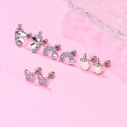 Butterfly Inset with Pink Zircon, Unicorn, Rainbow Color, Stainless Steel, Back Spiral, 4 Pairs