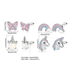 Butterfly Inset with Pink Zircon, Unicorn, Rainbow Color, Stainless Steel, Back Spiral, 4 Pairs