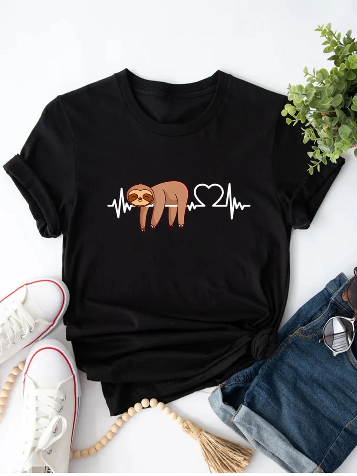 Cute Cartoon Sloth Print T-Shirt, Crew Neck Short Sleeve Casual Top For Summer & Spring, Women's Clothing
