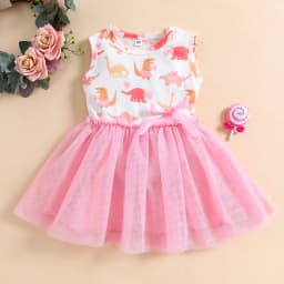 Summer 1-5 Years Little Girl Princess Dress Clothing Baby Girl Sleeveless Dinosaur Print Mesh Dress For Kids Girl Party