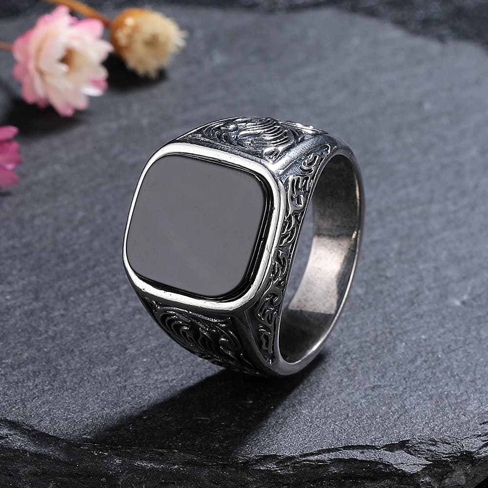 Masculine Black Agate Ring 12x14mm, Mens Vintage Sterling Silver Fine Jewelry, Wedding Band Gift for Him