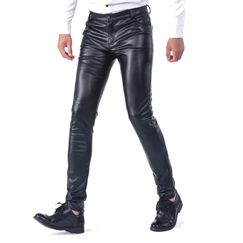 Men Velvet Leather Pants Warm Skinny Fit Elastic Fashion PU Leather Trousers Wet Look Stretch Plush Motorcycle Pants