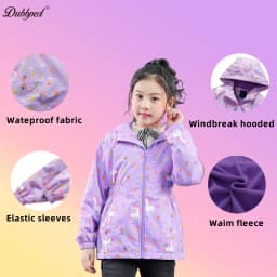 Dubbped Kids Girls unicorn Purple Rain Jacket Waterproof Coat Lightweight Hooded Warm Lined Raincoats Windbreakers 3-12Y