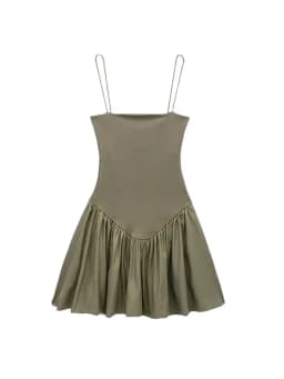 Women's Patchwork Ribbed Poplin Puff Mini Dress, Straight Neck, Thin Straps, Female Dresses, Sexy Fashion