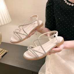 2024 Summer New Sandals, Rhinestone Flat Sandals, Women's Open Toe Elastic Set Foot Cross Sandals, Women Sandals
