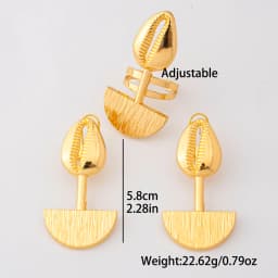18K Gold Plated Cowrie Shell Brushed Semi‑Circle Earrings & Ring Set For Women Luxury Wedding Party Bridal Accessories Gift