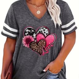 2024 Plus Size Spring/Summer New Love Print Casual Fashion Women's V-Neck Short-Sleeved Loose T-Shirt 5XL 6XL