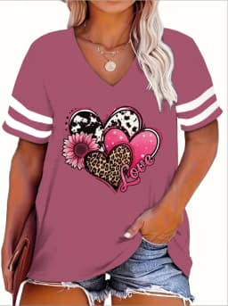 2024 Plus Size Spring/Summer New Love Print Casual Fashion Women's V-Neck Short-Sleeved Loose T-Shirt 5XL 6XL