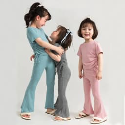 New Korean Short Sleeved Set Summer Solid Color Pullover Top + Flare Pants Thin Casual Two Piece Set Suitable for Girls Aged 2-8