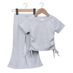 New Korean Short Sleeved Set Summer Solid Color Pullover Top + Flare Pants Thin Casual Two Piece Set Suitable for Girls Aged 2-8