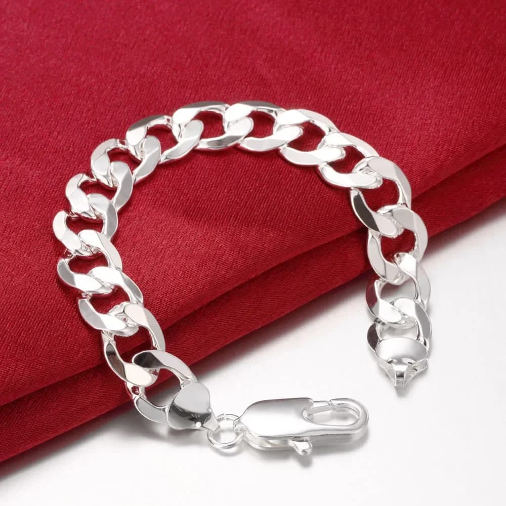 925 Sterling Silver classic 12MM Flat sideways chain Bracelets for women man Fashion Party Wedding Accessories Jewelry Gifts